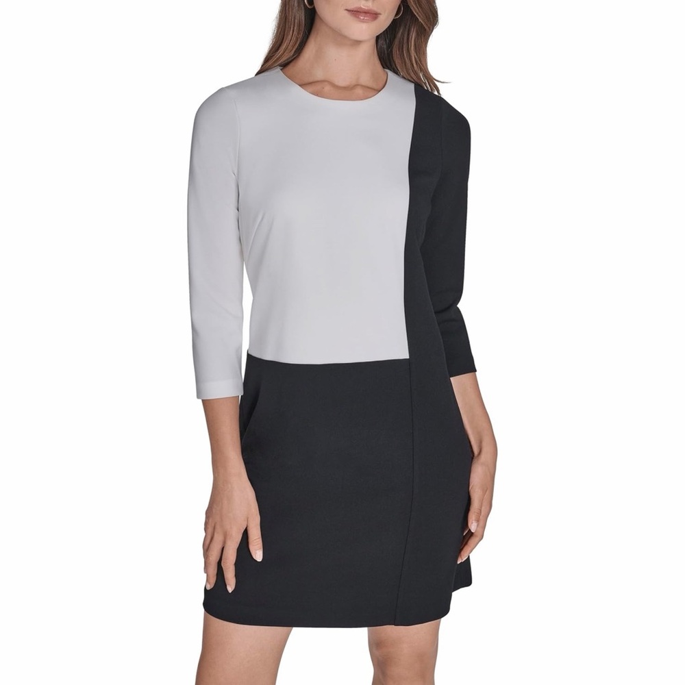 H Halston Black and White Colorblock Long Sleeve Dress 4 Small